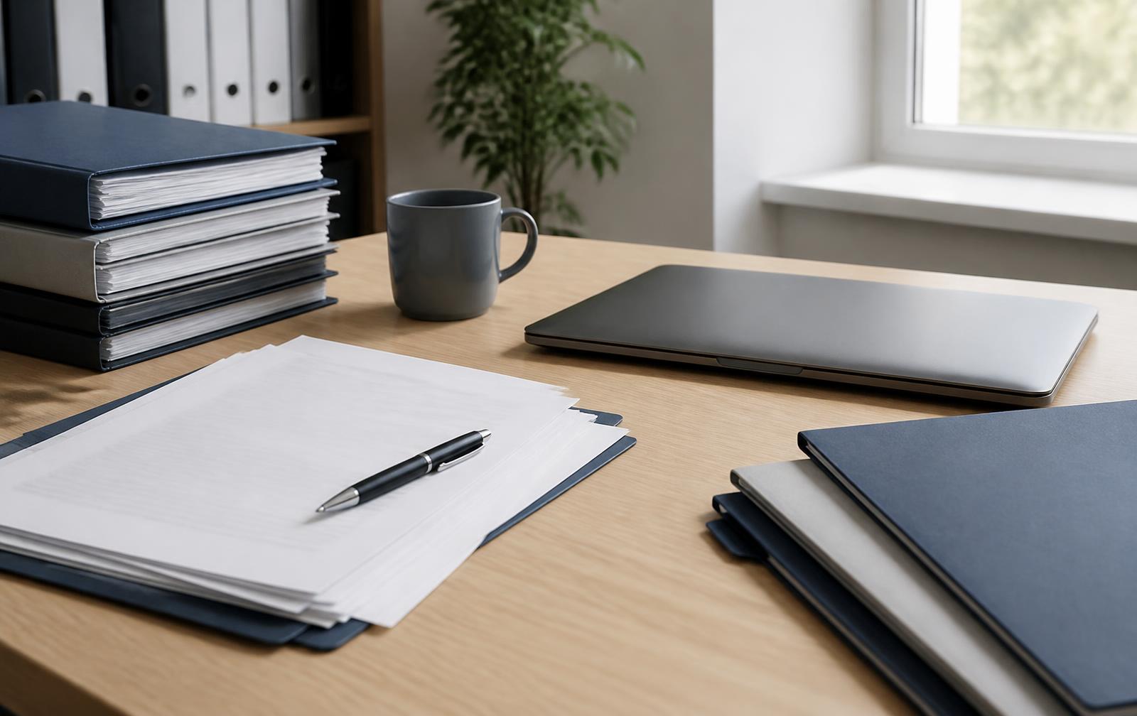 Bureau de cabinet comptable : documents papier, dossiers et ordinateur portable fermé